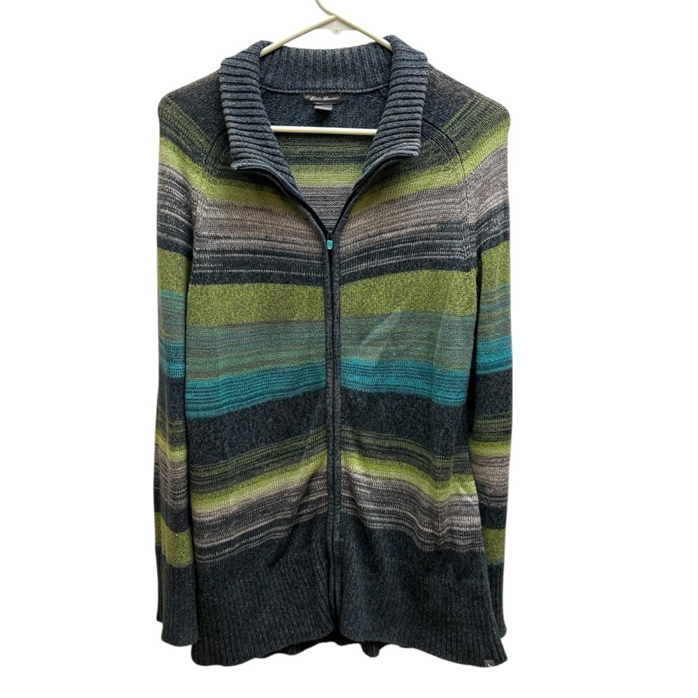 Eddie Bauer Striped Zip Up Sweater Cotton Knit High Collar Cardigan